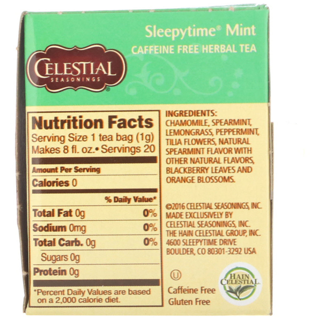 Celestial Seasonings, té de hierbas, menta para dormir, sin cafeína, 20 bolsitas de té, 29 g (1,0 oz)