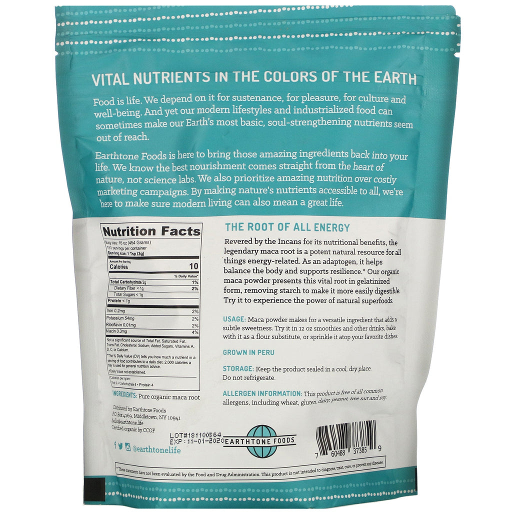 Earthtone Foods, gelatineret Maca-pulver, 16 oz (454 g)
