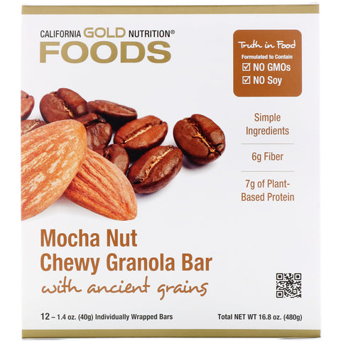 California Gold Nutrition, Foods, barras de granola masticables con nuez y moca, 12 barras, 40 g (1,4 oz) cada una