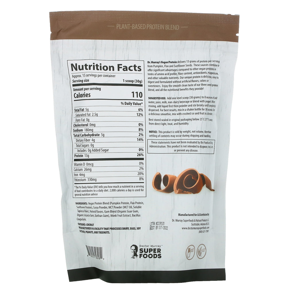 Dr. Murray's, Super Foods, Proteína en polvo de 3 semillas, chocolate, 16 oz (453,5 g)
