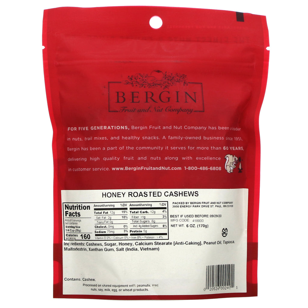 Bergin Fruit and Nut Company, honningristede cashewnødder, 6 oz (170 g)