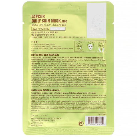 Lapcos, Aloe Sheet Mask, beroligende, 1 ark, 1,11 fl oz (33 ml)