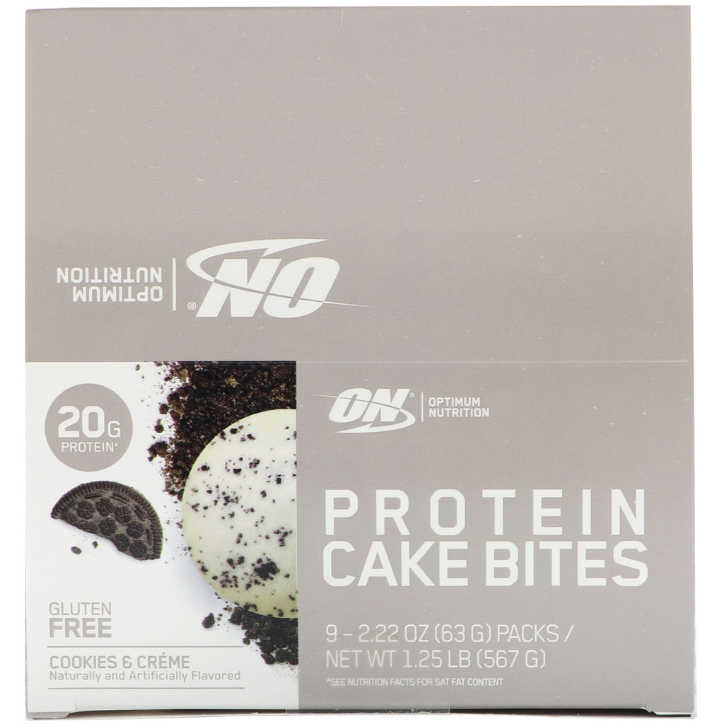 Optimum Nutrition, Bocaditos de pastel proteicos, galletas y crema, 9 barras, 2,22 oz (63 g) cada una