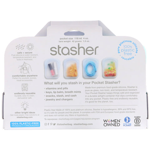 Stasher, bolsillo de silicona reutilizable, transparente y aguamarina, paquete de 2, 4 oz (42 g) cada uno
