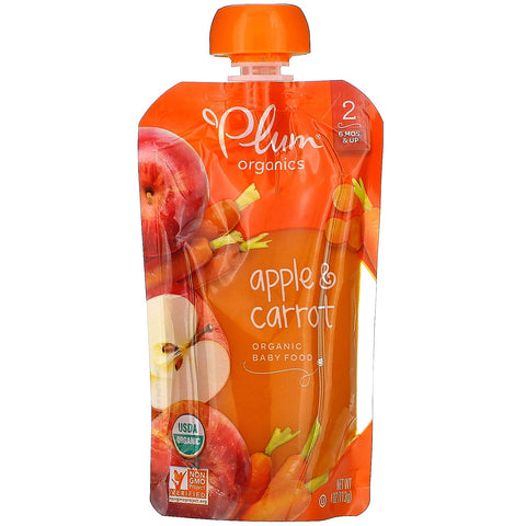 Plum s, comida para bebés, 6 meses en adelante, manzana y zanahoria, 6 bolsas, 4 oz (113 g) cada una
