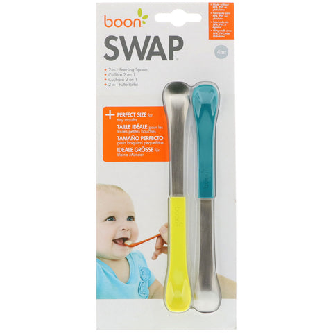 Boon, Swap, cuchara de alimentación 2 en 1, 4+ meses, verde azulado y amarillo, 2 cucharas