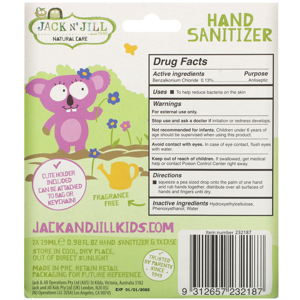 Jack n' Jill, hånddesinfektionsmiddel, koala, 2 stk., 0,98 fl oz (29 ml) hver og 1 etui