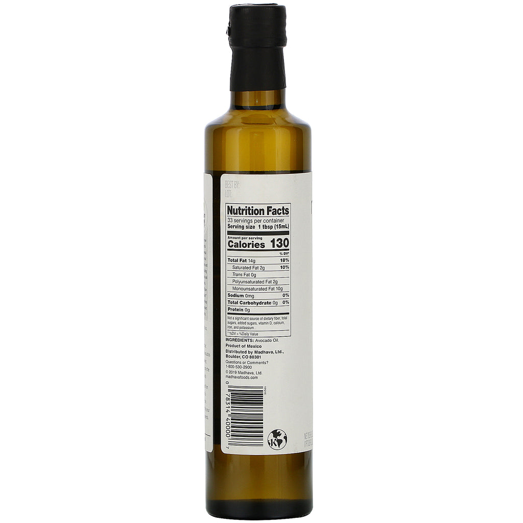 Edulcorantes naturales Madhava, Clean &amp; Simple, aceite de aguacate, 500 ml (16,9 oz. líq.)