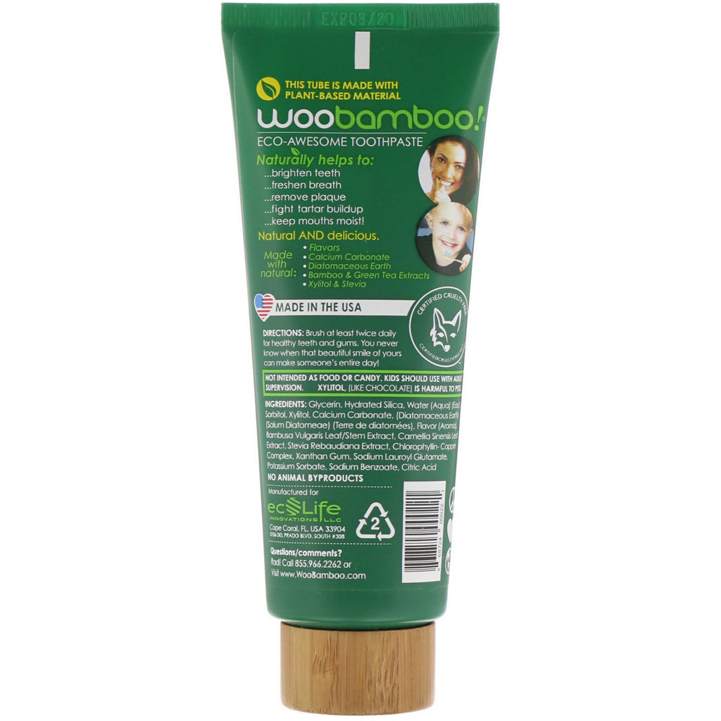 Woobamboo, pasta de dientes ecológica, sin flúor, vainilla y menta, 4 oz (113 g)