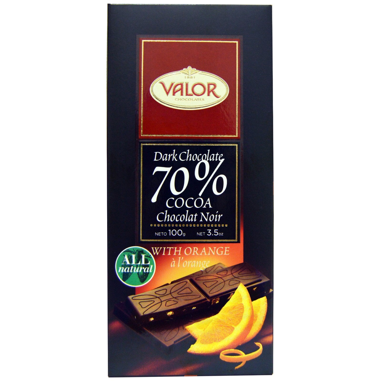 Valor, Dark Chcocolate, 70% Cocoa, With Orange, 3.5 oz (100 g)