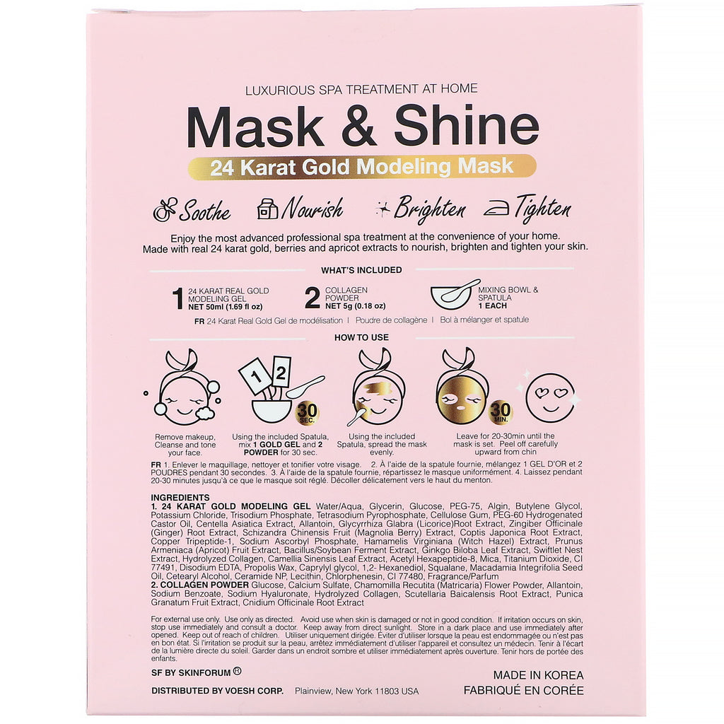 SFGlow, Mask &amp; Shine, 24 karat guldmodelleringsmaske, 4-delt sæt