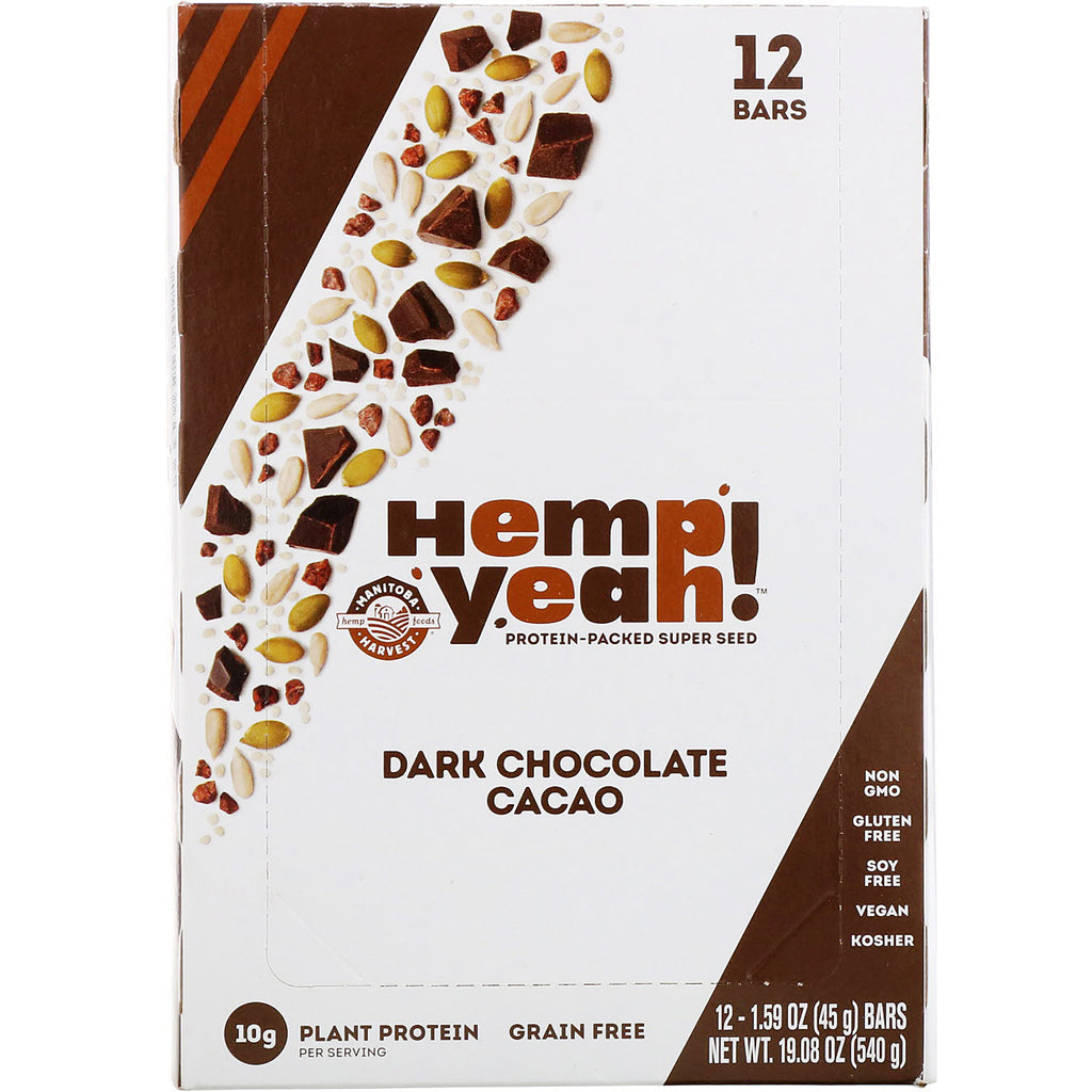 Manitoba Harvest, Hemp Yeah!, barra de súper semillas repleta de proteínas, cacao con chocolate amargo, 12 barras, 1,59 oz (45 g) cada una