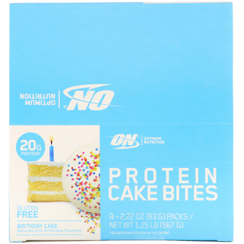 Optimum Nutrition, Bocaditos de pastel proteicos, pastel de cumpleaños, 9 barras, 2,22 oz (63 g) cada una
