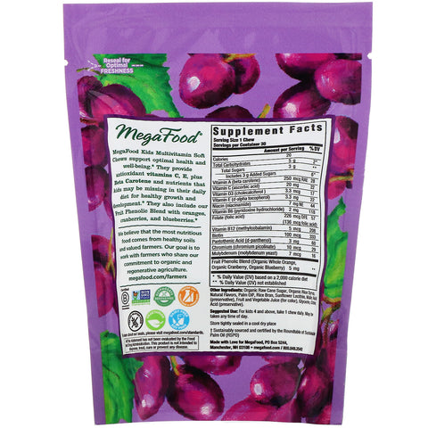 MegaFood, masticables blandos multivitamínicos para niños, uva, 30 masticables blandos envueltos individualmente