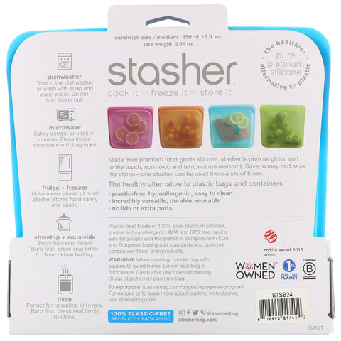 Stasher, Bolsa de silicona reutilizable para alimentos, tamaño sándwich/mediano, arándano, 15 fl oz (450 ml)