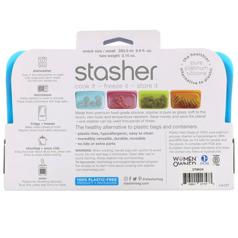 Stasher, Bolsa de silicona reutilizable para alimentos, tamaño de refrigerio pequeño, azul, 9,9 fl oz (293,5 ml)