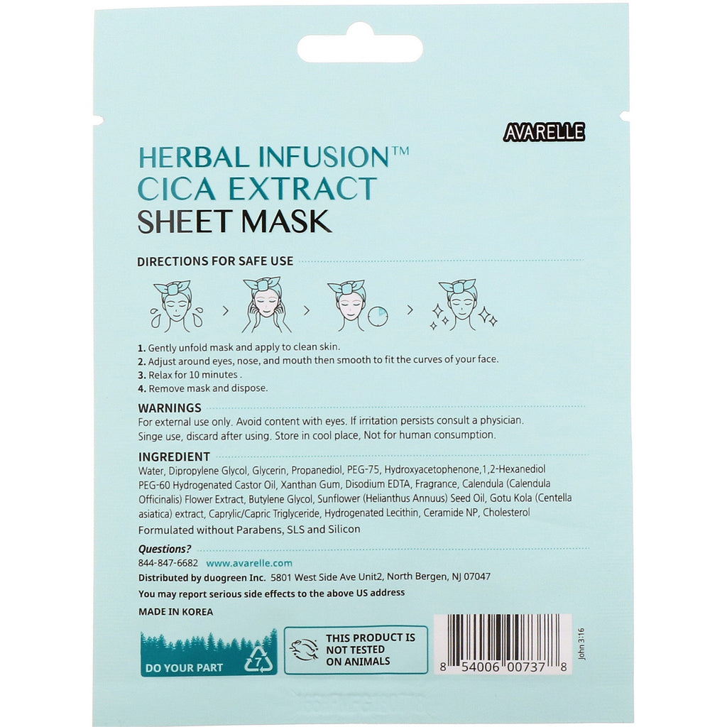 Avarelle, Herbal Infusion, Cica Extract Sheet Mask, 1 ark, 0,7 oz (20 g)