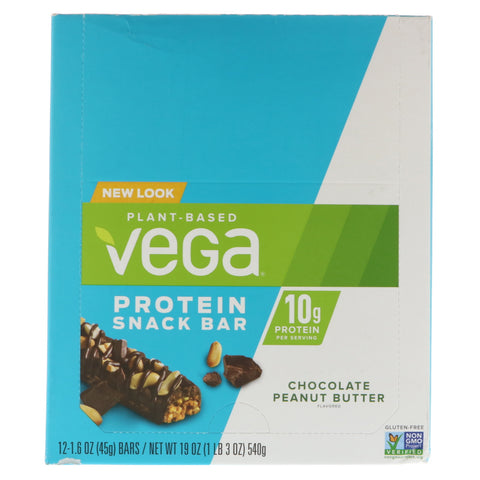 Vega, barra de refrigerio proteico, mantequilla de maní con chocolate, 12 barras, 1,6 oz (45 g) cada una