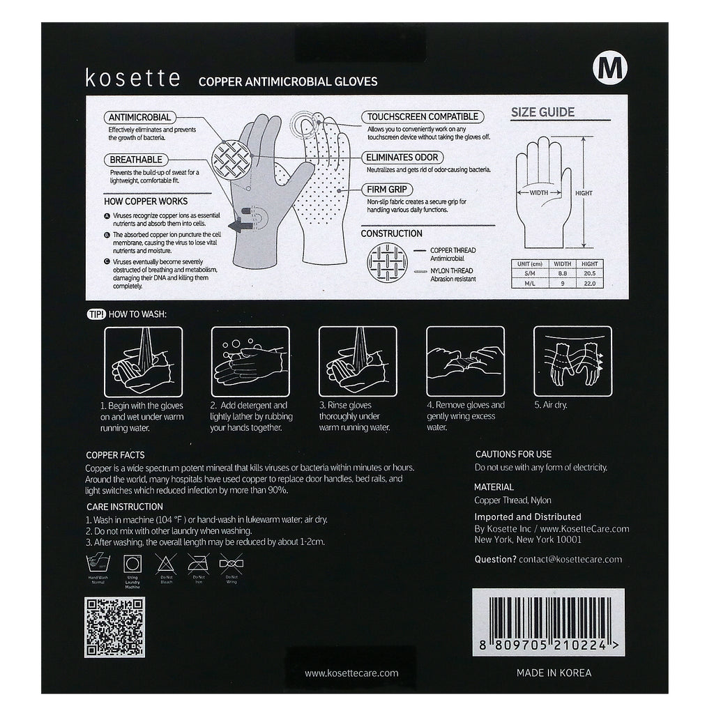 Kosette, kobber antimikrobielle handsker, medium, 1 par