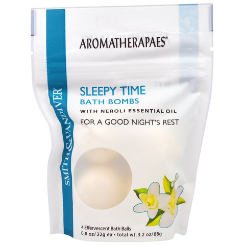 Smith & Vandiver, Sleepy Time Bath Bombs with Neroli Essential Oil, 4 Effervescent Bath Balls, 0.8 oz (22 g) Each