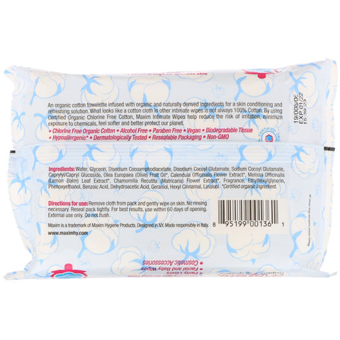 Maxim Hygiene Products, Toallitas íntimas de algodón, 20 toallitas húmedas