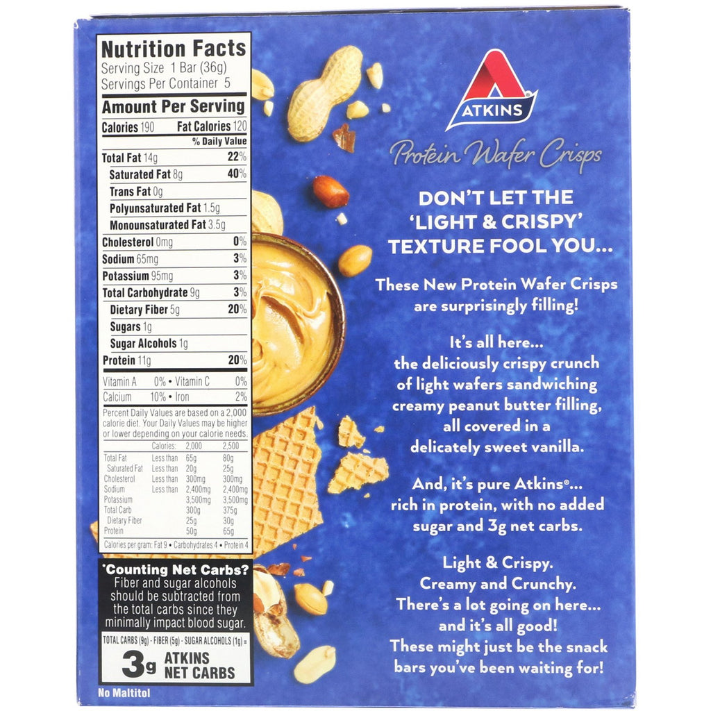 Atkins, proteinwafer chips, jordnøddesmør, 5 barer, 1,27 oz (36 g) hver