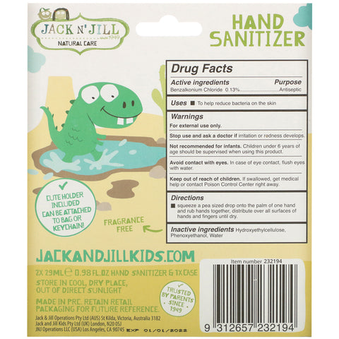 Jack n' Jill, håndsprit, Dino, 2 pakke, 0,98 fl oz (29 ml) hver og 1 etui
