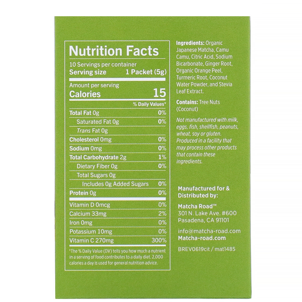 Matcha Road, Matcha + vitamina C, mezcla de bebida superalimentaria, jengibre cítrico, 10 paquetes, 5 g (0,18 oz) cada uno