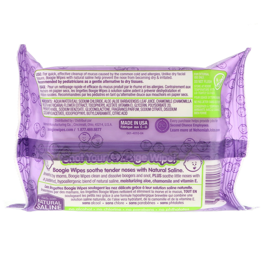 Boogie Wipes, Natural Saline Wipes for Stuffy Noses, Great Grape Scent, 30 Wipes