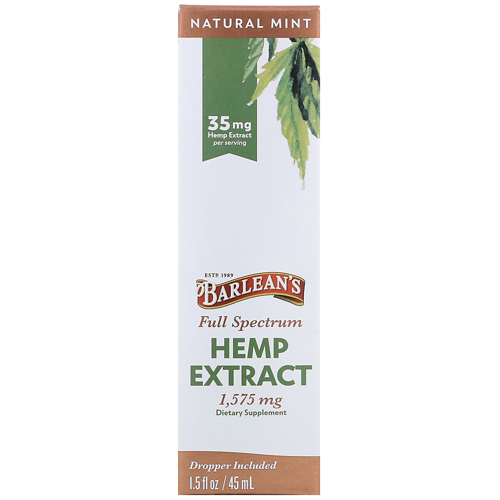 Barlean's, Full Spectrum Hemp Extract, Natural Mint, 35 mg, 1.5 fl oz (45 ml)