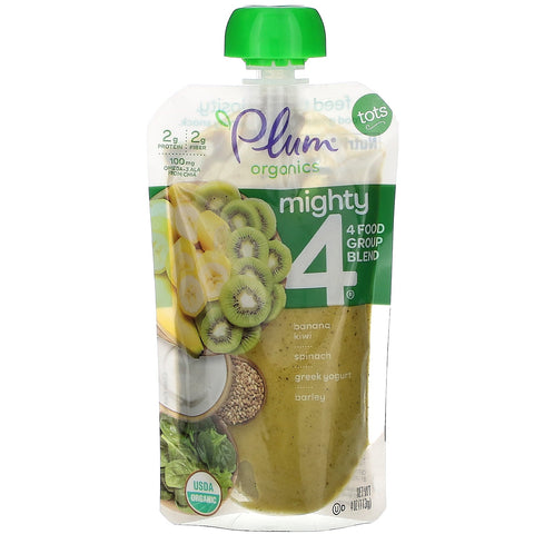 Plum s, Mighty 4, 4 Food Group Blend, Tots, Banana, Kiwi, Spinach, Greek Yogurt, Barley, 6 Pouches, 4 oz (113 g) Each