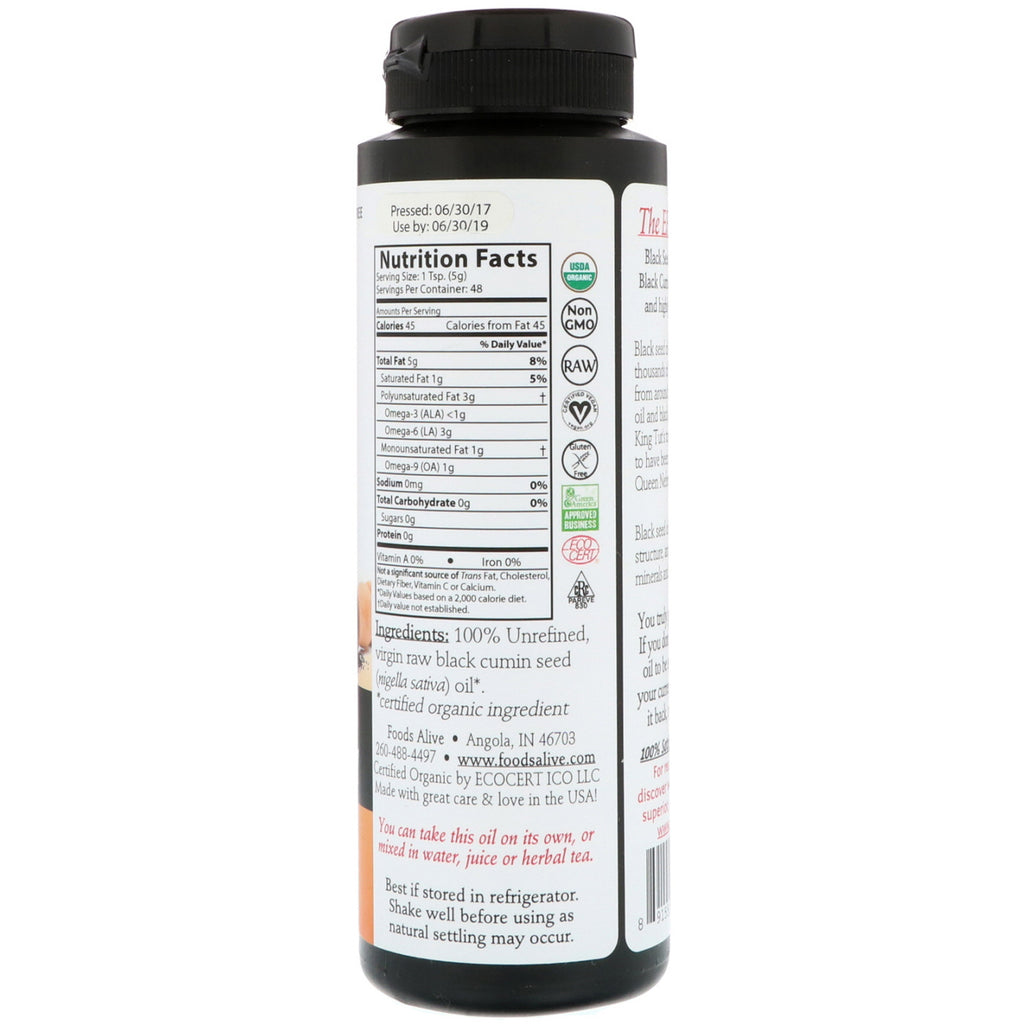 Foods Alive, Aceite de semilla negra prensado en frío artesanalmente, 8 fl oz (236 ml)