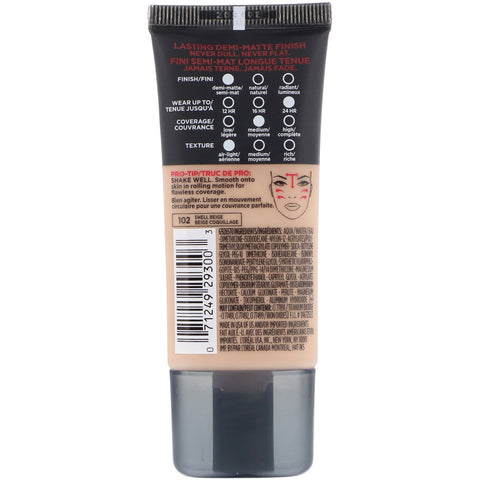 L'Oreal, Base de maquillaje Infallible Pro-Matte, 102 Shell Beige, 30 ml (1 oz. líq.)
