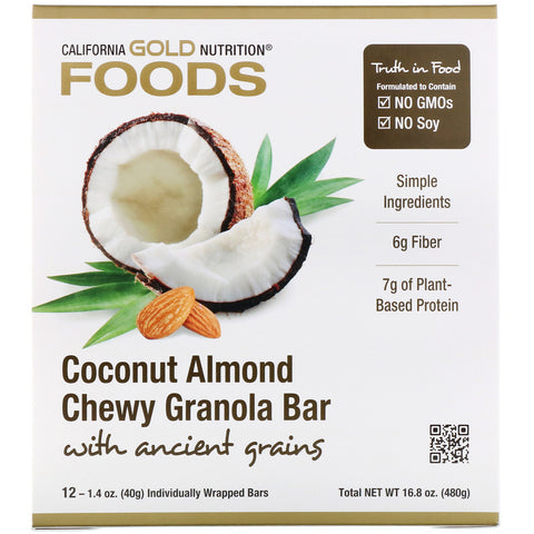 California Gold Nutrition, Foods, barras masticables de granola con coco y almendras, 12 barras, 1,4 oz (40 g) cada una