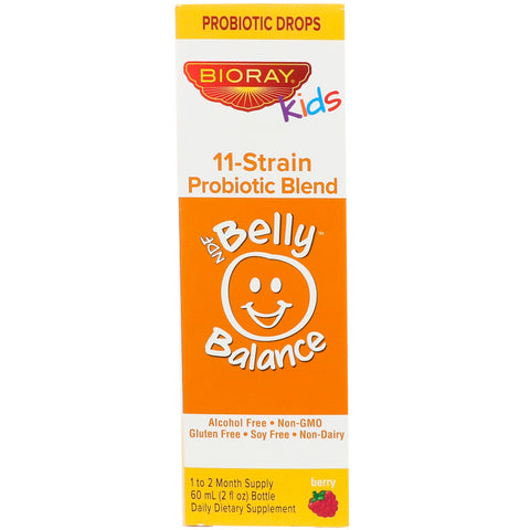Bioray, Kids, NDF Belly Balance, 11-stammes probiotisk blanding, bærsmag, 2 fl oz (60 ml)