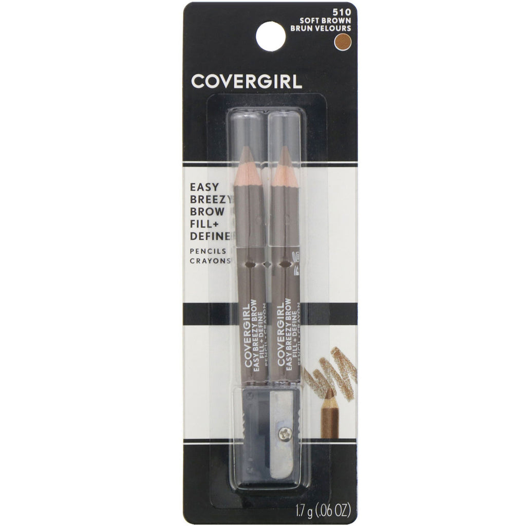 Covergirl, Easy Breezy, Relleno para cejas + lápiz definidor, 510 Marrón suave, 1,7 g (0,06 oz)