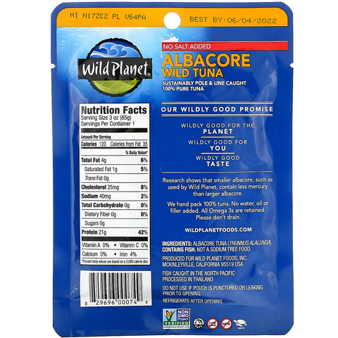Wild Planet, Albacore vild tun, uden tilsat salt, 3 oz (85 g)