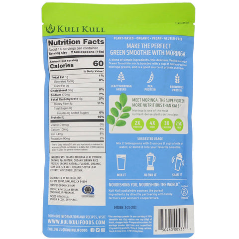 Kuli Kuli, Batido de moringa verde con proteína vegetal, vainilla, 224 g (7,9 oz)