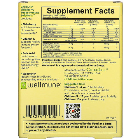 ChildLife, SoftMelts superinmunes de saúco, sabor natural a bayas, 27 tabletas