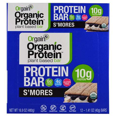 Orgain, barra de proteína de origen vegetal, S'mores, 12 barras, 1,41 oz (40 g) cada una
