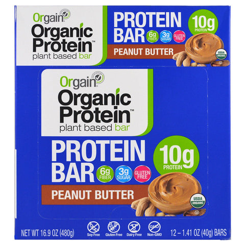 Orgain, barra de proteína de origen vegetal, mantequilla de maní, 12 barras, 1,41 oz (40 g) cada una