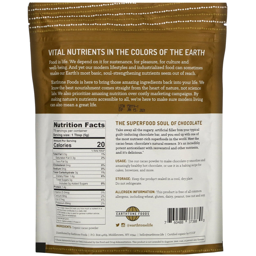 Earthtone Foods, Cacao Pulver, 14 oz (397 g)