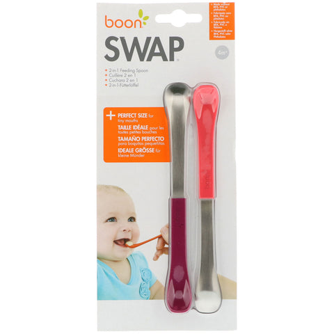 Boon, Swap, 2-in-1 Feeding Spoon, 4+ Months, Coral & Plum, 2 Spoons