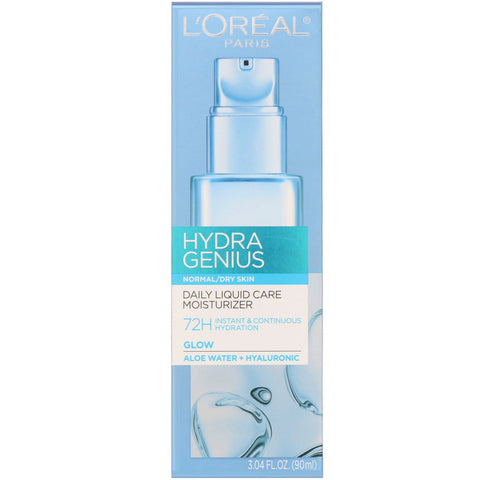 L'Oreal, Hydra Genius, Glow Daily Liquid Care Moisturizer, Normal/tør hud, 3,04 fl oz (90 ml)