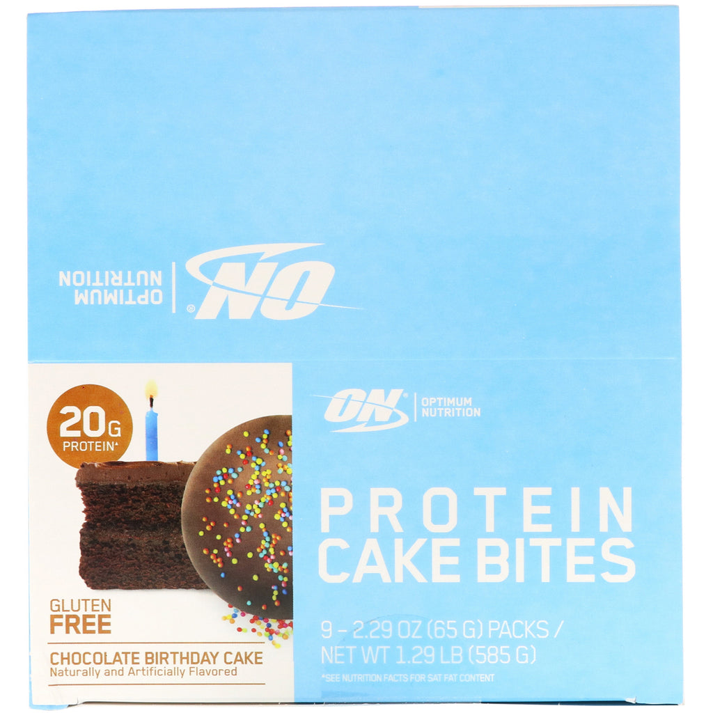 Optimum Nutrition, Bocaditos de pastel de proteínas, pastel de cumpleaños de chocolate, 9 barras, 2,29 oz (65 g) cada una