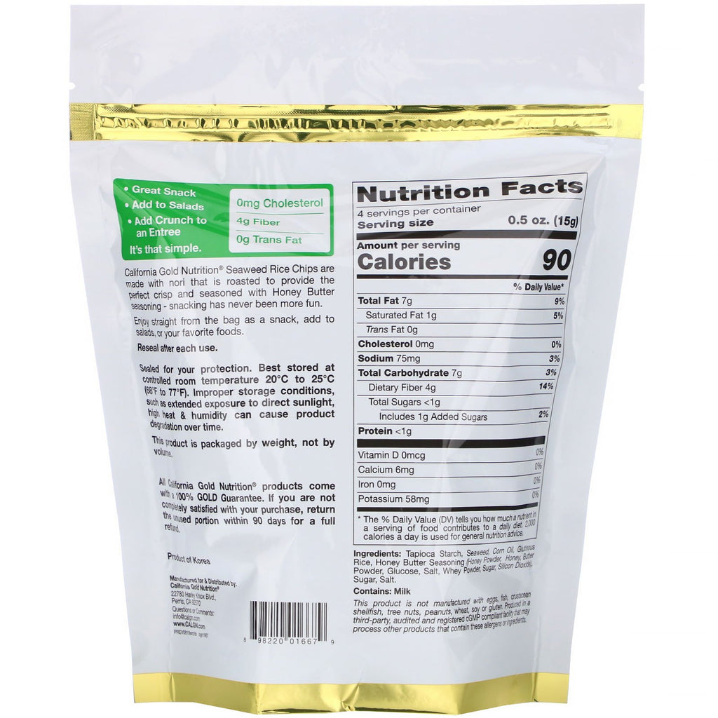 California Gold Nutrition, chips de arroz con algas, mantequilla de miel, 2 oz (60 g)