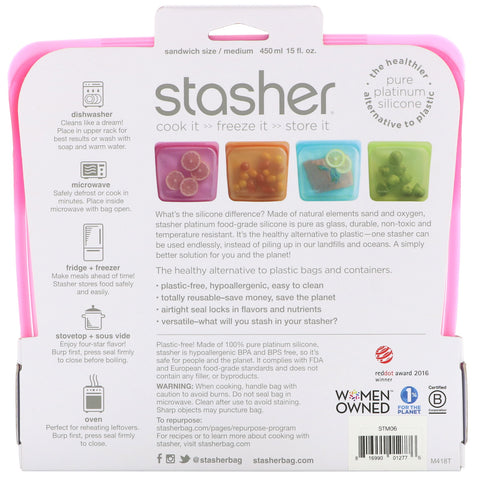 Stasher, Bolsa de silicona reutilizable para alimentos, tamaño sándwich mediano, frambuesa, 15 fl oz (450 ml)