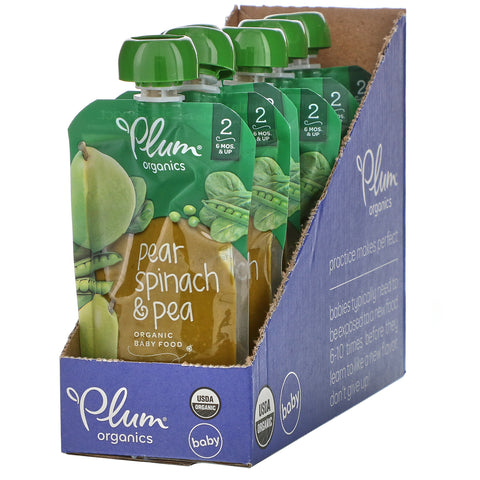Plum Organics, Organic Baby Food, 6 Months & Up, Pear, Spinach & Pea, 6 Pouches, 4 oz (113 g) Each