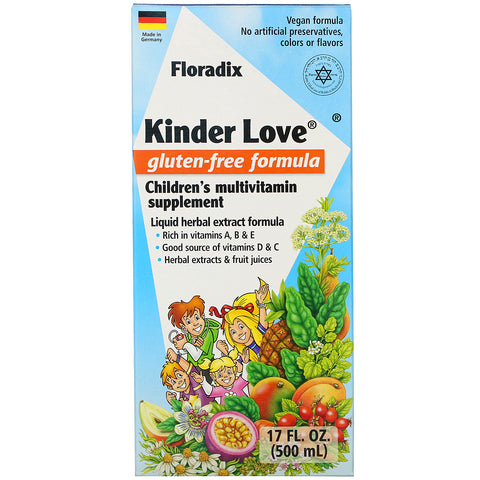 Flora, Floradix, Suplemento multivitamínico para niños Kinder Love, Fórmula sin gluten, 17 fl oz (500 ml)