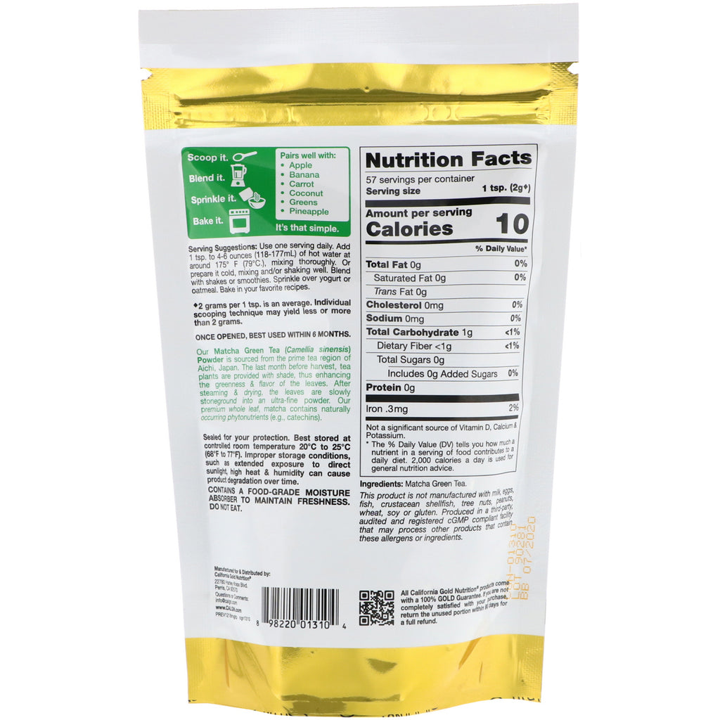 California Gold Nutrition, Superalimentos, Té verde Matcha en polvo, 4 oz (114 g)